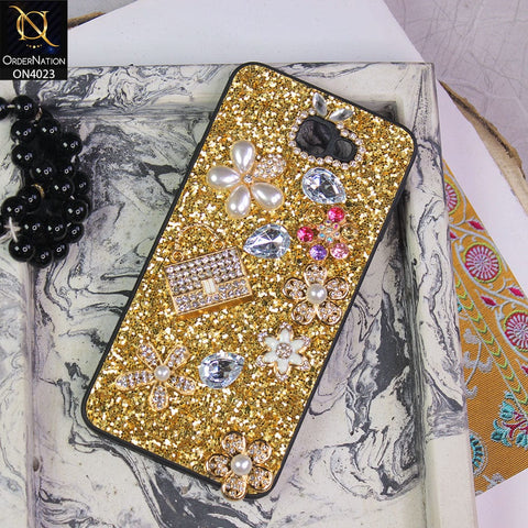 Samsung Galaxy J7 Prime Cover - Golden - New Bling Bling Sparkle 3D Flowers Shiny Glitter Texture Protective Case
