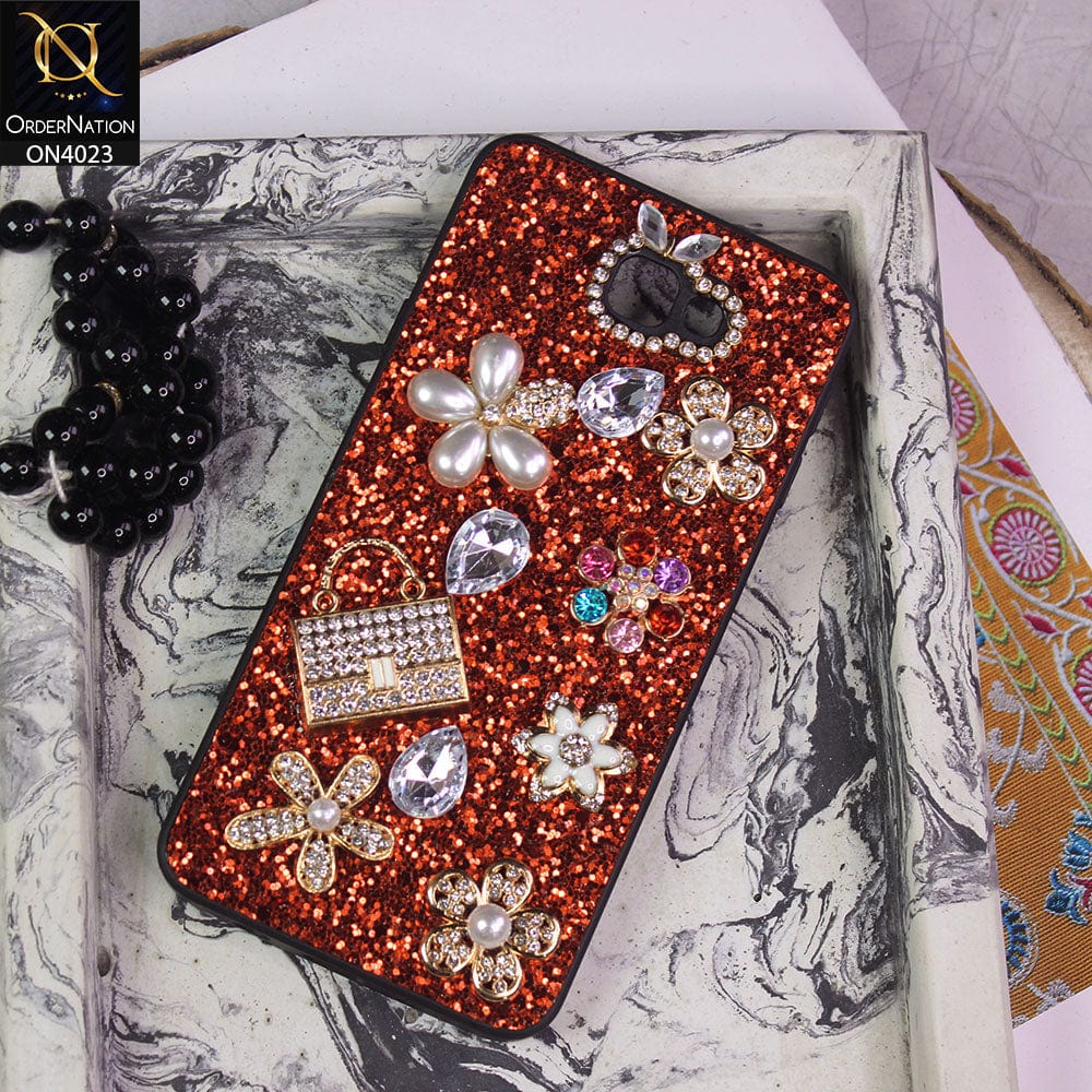Samsung Galaxy J7 Prime Cover - Red - New Bling Bling Sparkle 3D Flowers Shiny Glitter Texture Protective Case