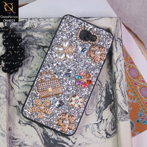 Samsung Galaxy J7 Prime Cover - Silver - New Bling Bling Sparkle 3D Flowers Shiny Glitter Texture Protective Case