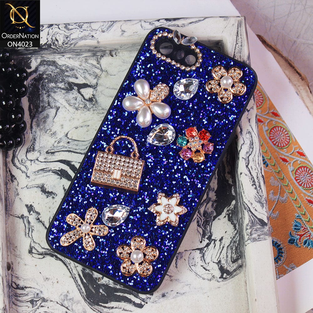Oppo A1k Cover - Blue - New Bling Bling Sparkle 3D Flowers Shiny Glitter Texture Protective Case
