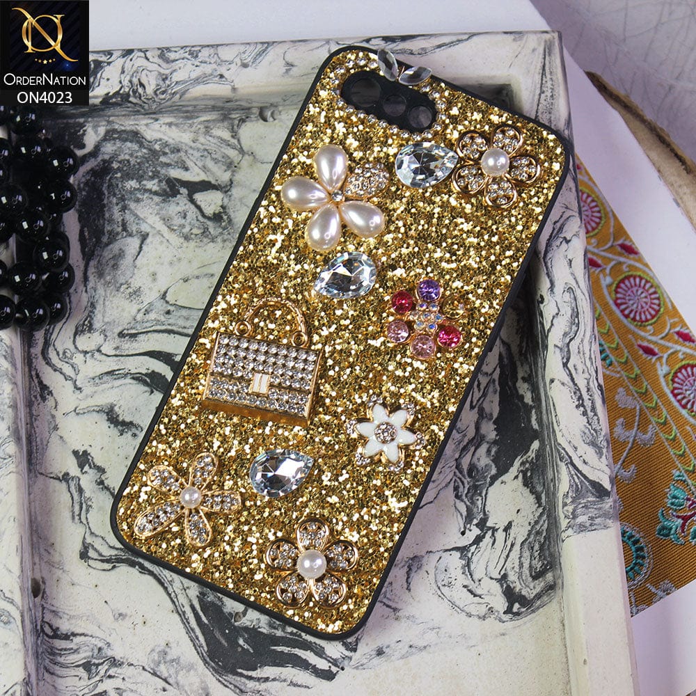 Oppo A1k Cover - Golden - New Bling Bling Sparkle 3D Flowers Shiny Glitter Texture Protective Case