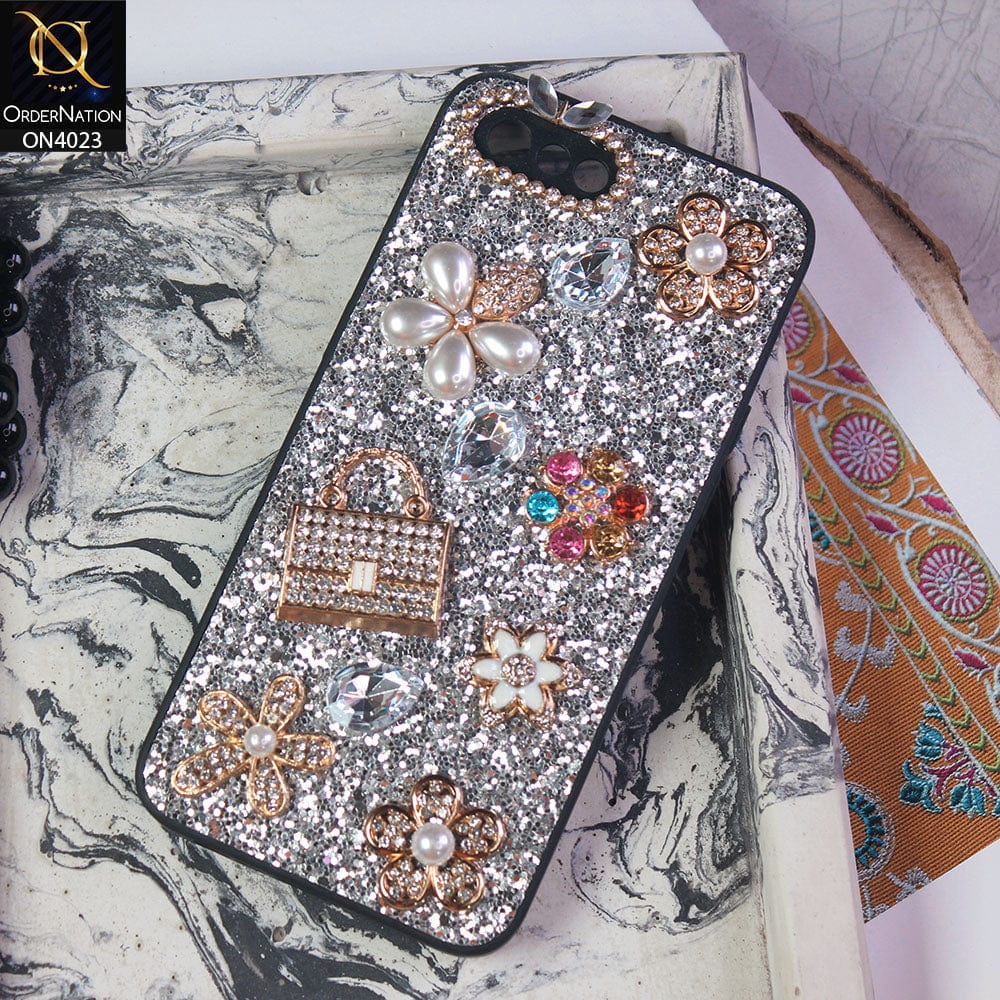 Oppo A1k Cover - Silver - New Bling Bling Sparkle 3D Flowers Shiny Glitter Texture Protective Case