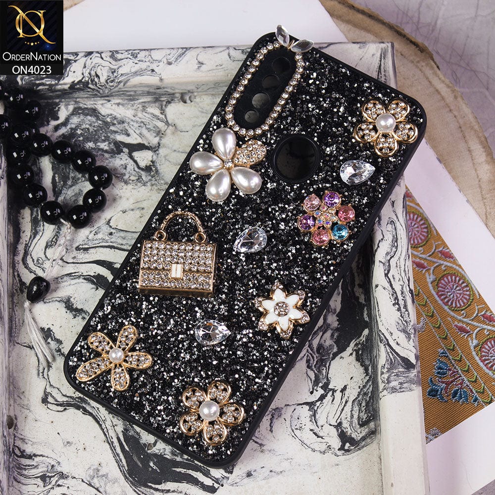 Oppo A8 Cover - Black - New Bling Bling Sparkle 3D Flowers Shiny Glitter Texture Protective Case