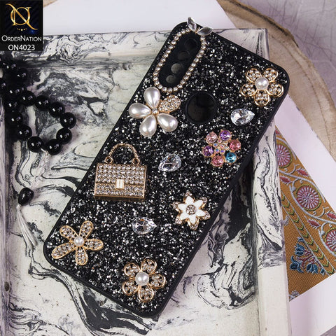 Oppo A8 Cover - Black - New Bling Bling Sparkle 3D Flowers Shiny Glitter Texture Protective Case