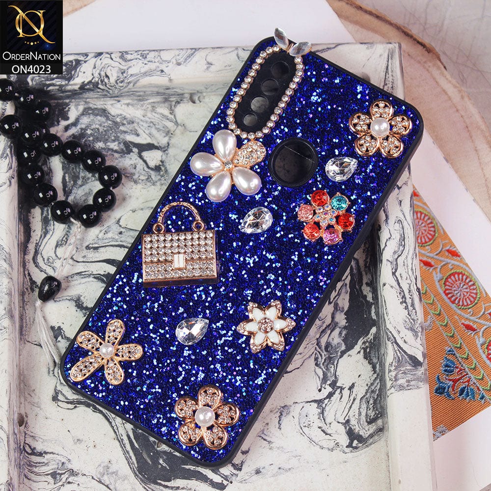 Oppo A31 Cover - Blue - New Bling Bling Sparkle 3D Flowers Shiny Glitter Texture Protective Case