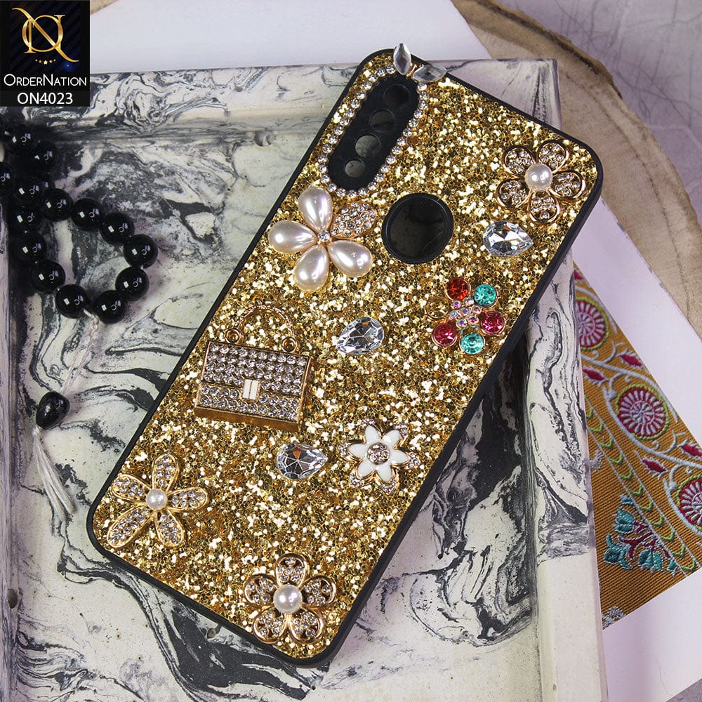 Oppo A31 Cover - Golden - New Bling Bling Sparkle 3D Flowers Shiny Glitter Texture Protective Case