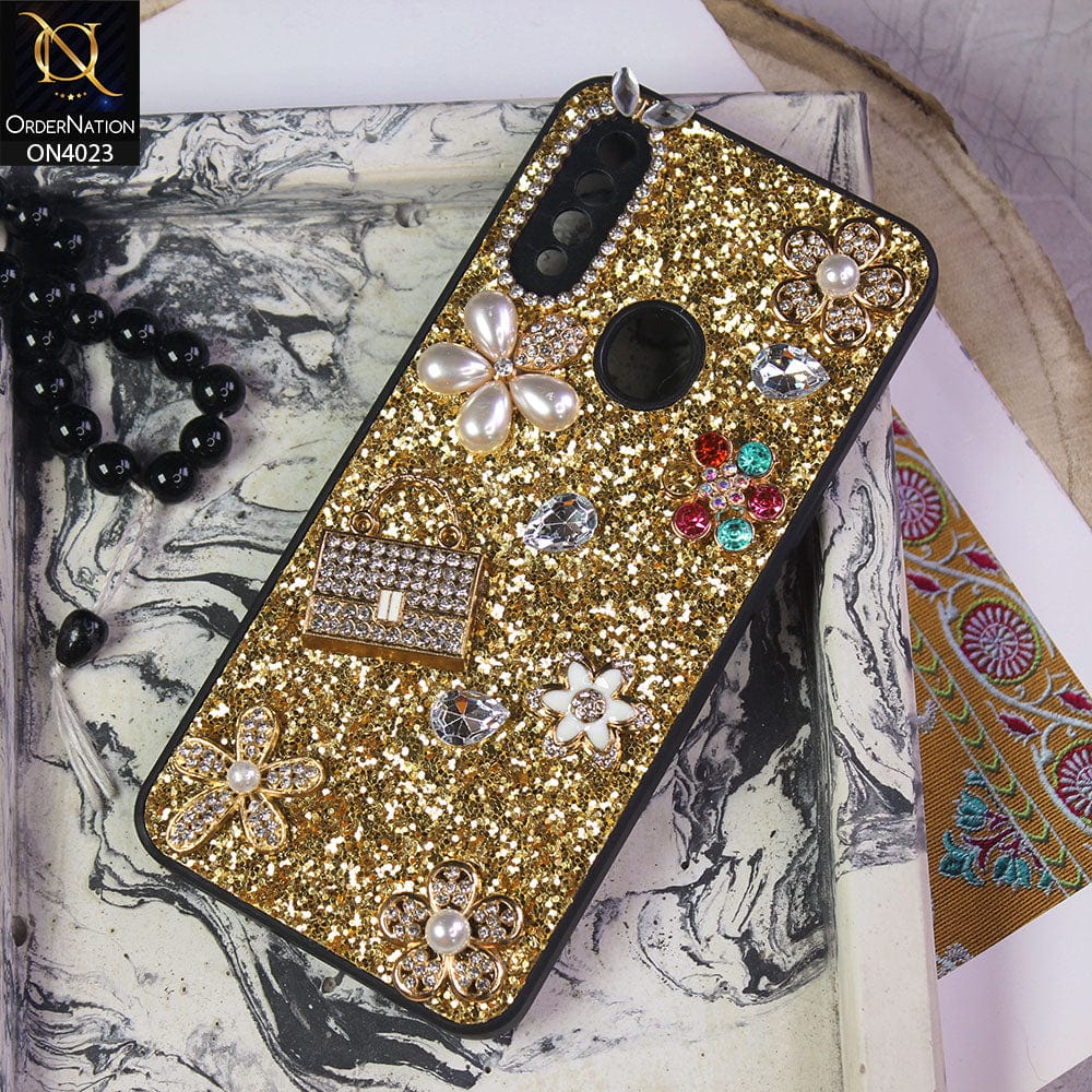 Oppo A8 Cover - Golden - New Bling Bling Sparkle 3D Flowers Shiny Glitter Texture Protective Case