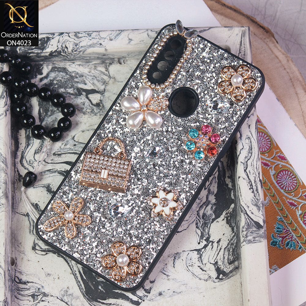 Oppo A8 Cover - Silver - New Bling Bling Sparkle 3D Flowers Shiny Glitter Texture Protective Case
