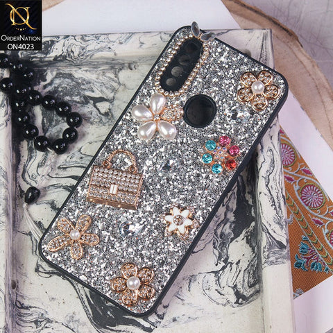 Oppo A8 Cover - Silver - New Bling Bling Sparkle 3D Flowers Shiny Glitter Texture Protective Case
