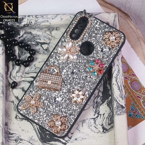 Oppo A31 Cover - Silver - New Bling Bling Sparkle 3D Flowers Shiny Glitter Texture Protective Case