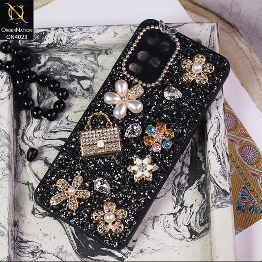 Oppo A54 4G Cover - Black - New Bling Bling Sparkle 3D Flowers Shiny Glitter Texture Protective Case