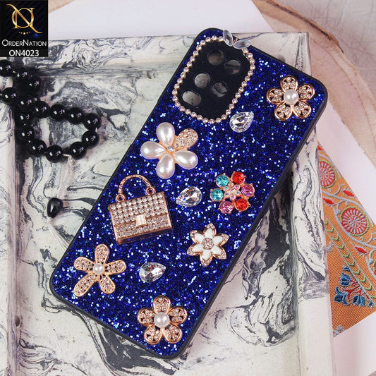 Oppo A54 4G Cover - Blue - New Bling Bling Sparkle 3D Flowers Shiny Glitter Texture Protective Case