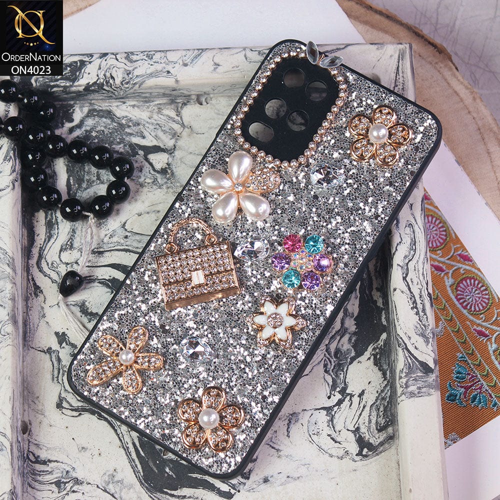 Oppo A54 4G Cover - Silver - New Bling Bling Sparkle 3D Flowers Shiny Glitter Texture Protective Case
