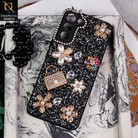 Tecno Pop 5 LTE Cover - Black - New Bling Bling Sparkle 3D Flowers Shiny Glitter Texture Protective Case