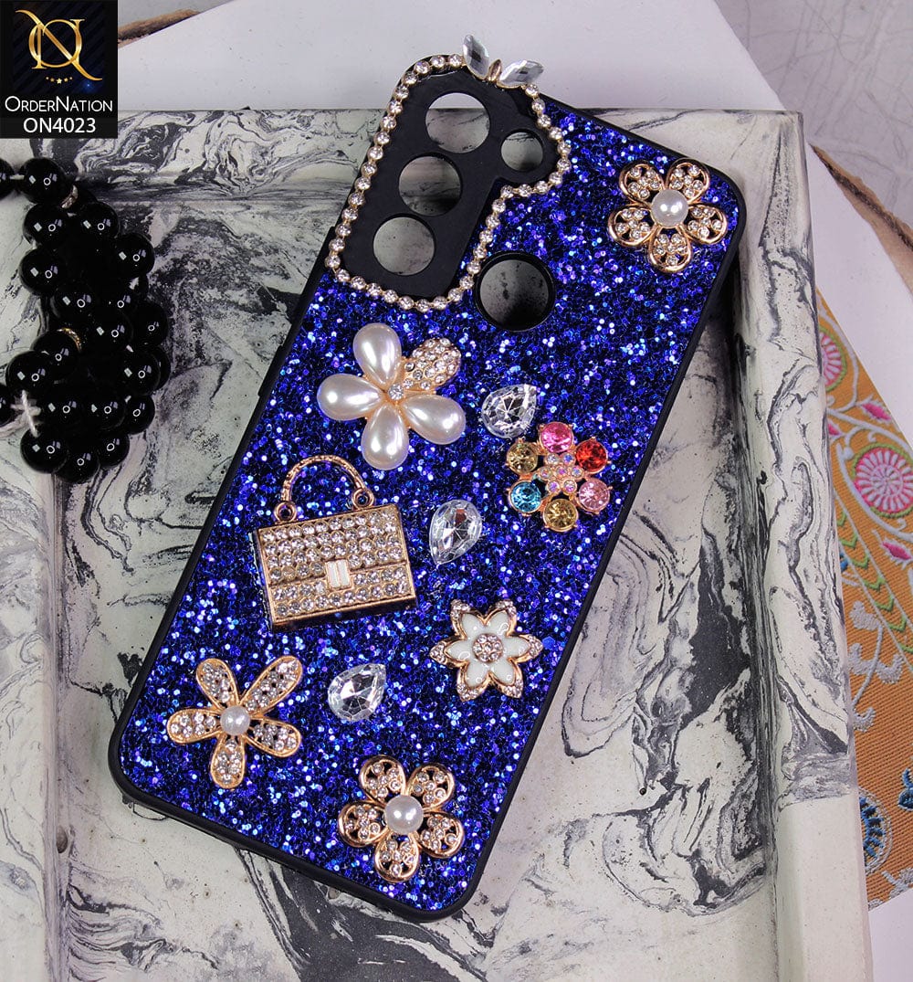 Tecno Pop 5 LTE Cover - Blue - New Bling Bling Sparkle 3D Flowers Shiny Glitter Texture Protective Case