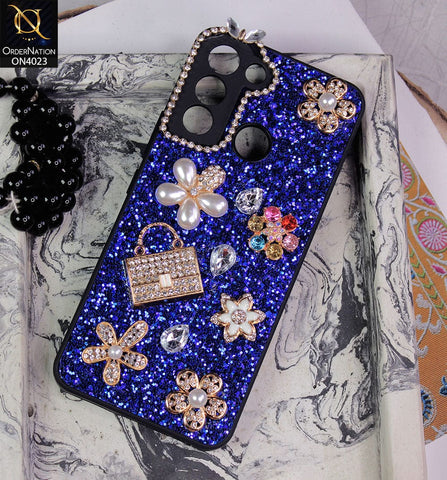 Tecno Pop 5 LTE Cover - Blue - New Bling Bling Sparkle 3D Flowers Shiny Glitter Texture Protective Case