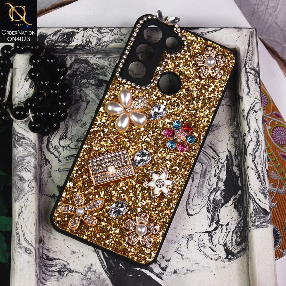 Tecno Pop 5 LTE Cover - Golden - New Bling Bling Sparkle 3D Flowers Shiny Glitter Texture Protective Case