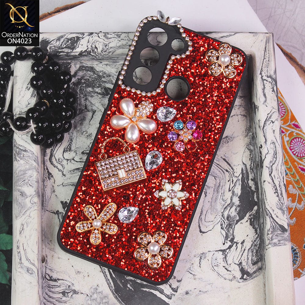 Tecno Pop 5 LTE Cover - Red - New Bling Bling Sparkle 3D Flowers Shiny Glitter Texture Protective Case