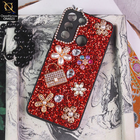 Tecno Pop 5 LTE Cover - Red - New Bling Bling Sparkle 3D Flowers Shiny Glitter Texture Protective Case