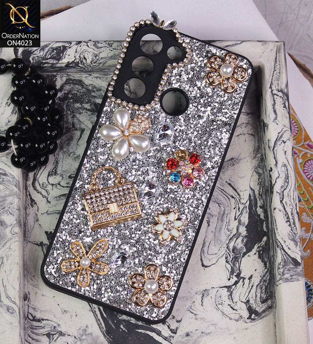 Tecno Pop 5 LTE Cover - Silver - New Bling Bling Sparkle 3D Flowers Shiny Glitter Texture Protective Case