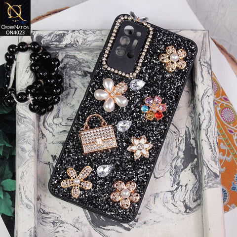 Tecno Pova 2 Cover - Black - New Bling Bling Sparkle 3D Flowers Shiny Glitter Texture Protective Case