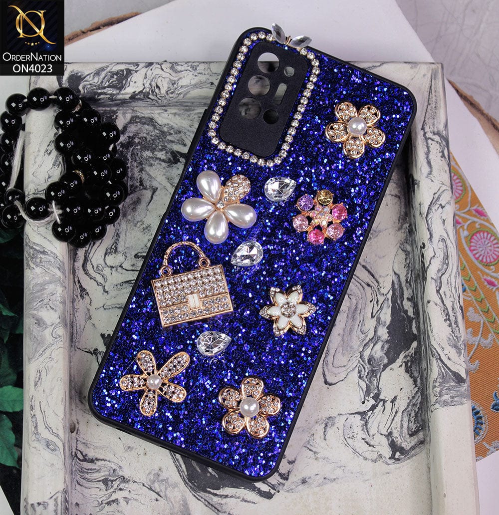 Tecno Pova 2 Cover - Blue - New Bling Bling Sparkle 3D Flowers Shiny Glitter Texture Protective Case