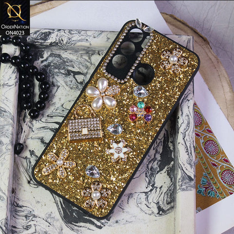 Tecno Pova Neo Cover - Golden - New Bling Bling Sparkle 3D Flowers Shiny Glitter Texture Protective Case