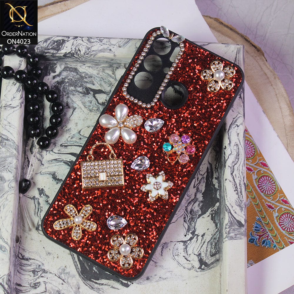 Tecno Pova Neo Cover - Red - New Bling Bling Sparkle 3D Flowers Shiny Glitter Texture Protective Case