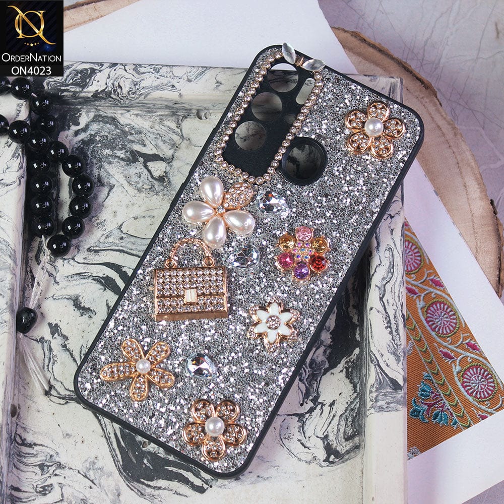 Tecno Pova Neo Cover - Silver - New Bling Bling Sparkle 3D Flowers Shiny Glitter Texture Protective Case