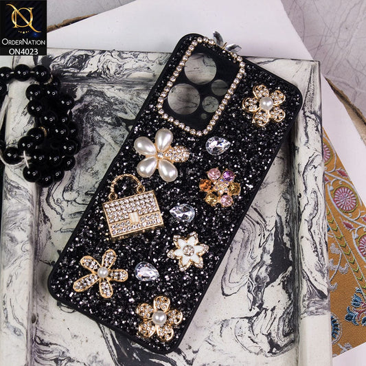 Xiaomi Redmi Note 12 4G Cover - Black - New Bling Bling Sparkle 3D Flowers Shiny Glitter Texture Protective Case
