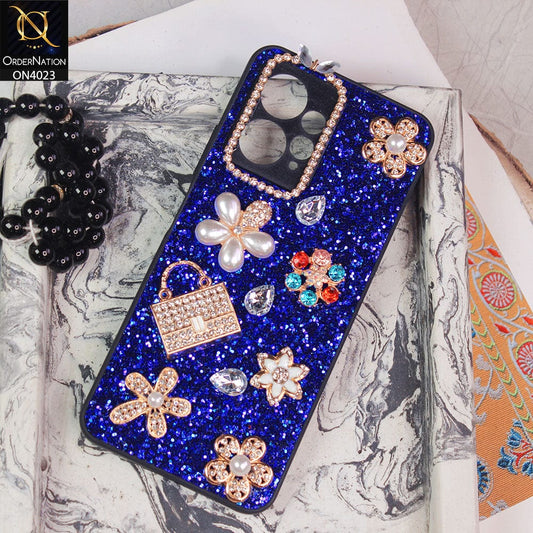 Xiaomi Redmi Note 12 4G Cover - Blue - New Bling Bling Sparkle 3D Flowers Shiny Glitter Texture Protective Case