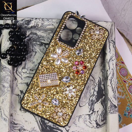 Xiaomi Redmi Note 12 4G Cover - Golden - New Bling Bling Sparkle 3D Flowers Shiny Glitter Texture Protective Case