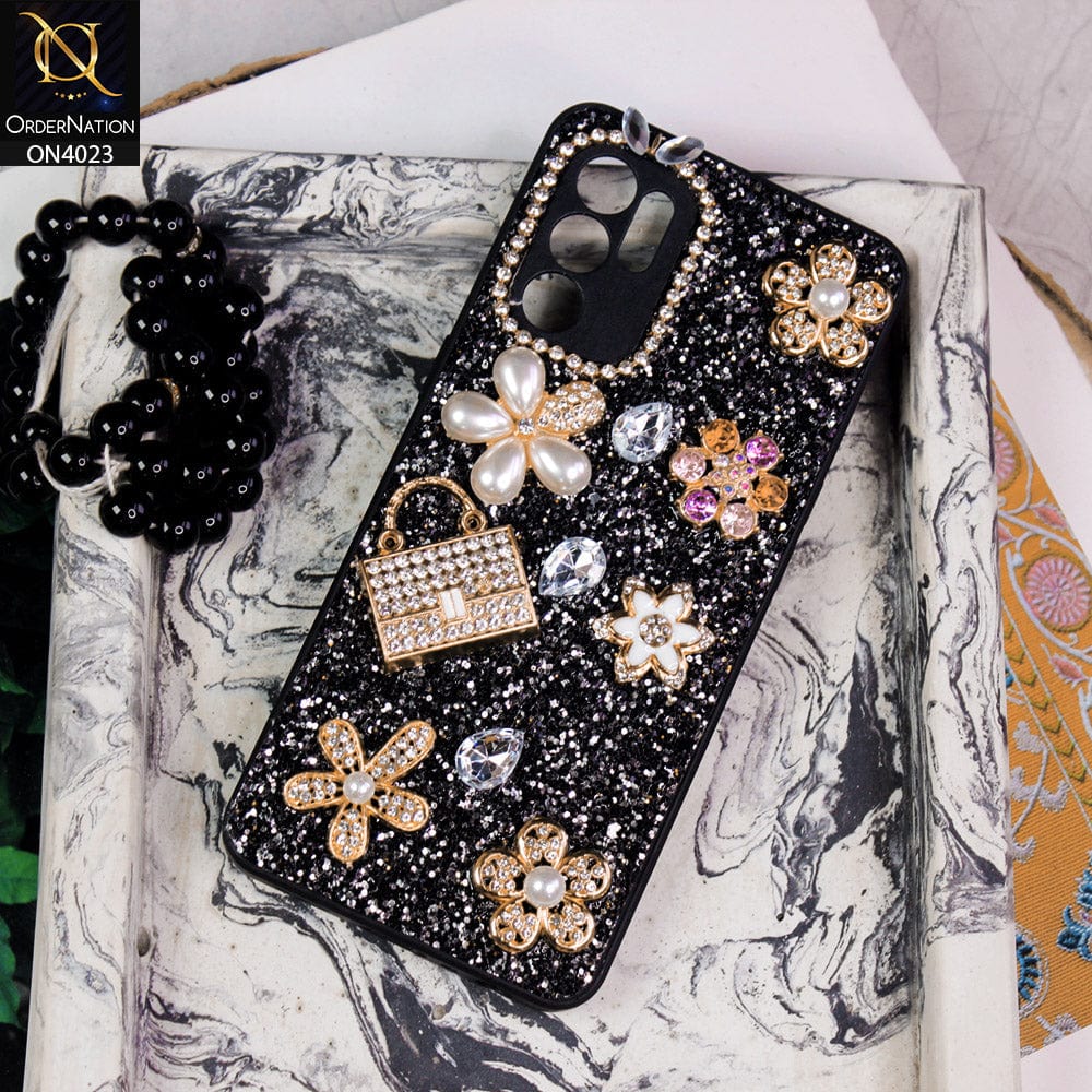 Oppo Reno 6 Cover - Black - New Bling Bling Sparkle 3D Flowers Shiny Glitter Texture Protective Case
