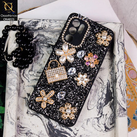 Oppo Reno 6 Cover - Black - New Bling Bling Sparkle 3D Flowers Shiny Glitter Texture Protective Case