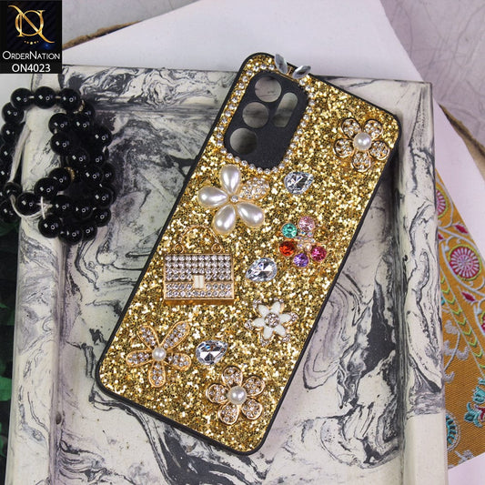 Oppo Reno 6 Cover - Golden - New Bling Bling Sparkle 3D Flowers Shiny Glitter Texture Protective Case