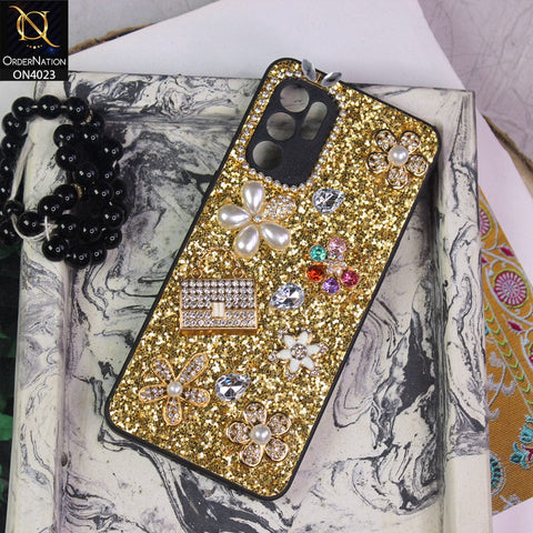 Oppo Reno 6 Cover - Golden - New Bling Bling Sparkle 3D Flowers Shiny Glitter Texture Protective Case