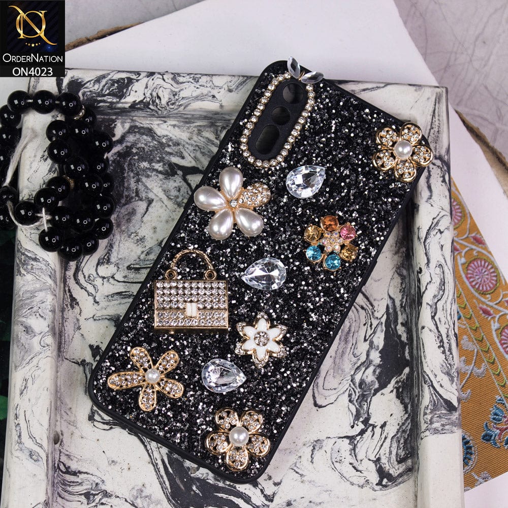 Vivo S1 Cover - Black - New Bling Bling Sparkle 3D Flowers Shiny Glitter Texture Protective Case