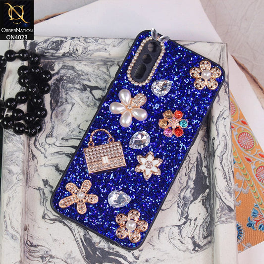 Vivo S1 Cover - Blue - New Bling Bling Sparkle 3D Flowers Shiny Glitter Texture Protective Case