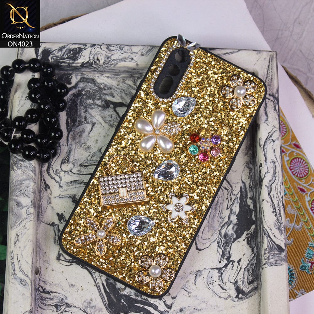 Vivo S1 Cover - Golden - New Bling Bling Sparkle 3D Flowers Shiny Glitter Texture Protective Case