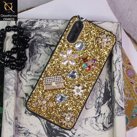 Vivo S1 Cover - Golden - New Bling Bling Sparkle 3D Flowers Shiny Glitter Texture Protective Case