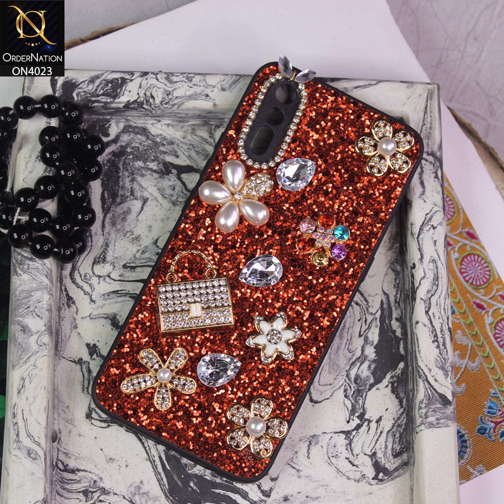Vivo S1 Cover - Red - New Bling Bling Sparkle 3D Flowers Shiny Glitter Texture Protective Case