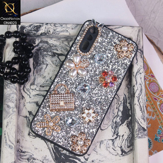 Vivo S1 Cover - Silver - New Bling Bling Sparkle 3D Flowers Shiny Glitter Texture Protective Case
