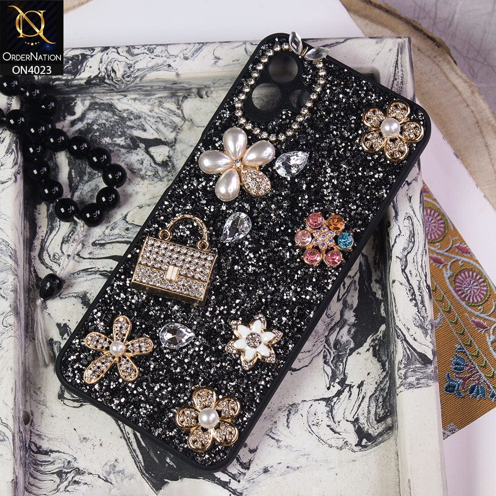 Samsung Galaxy A04 Cover - Black - New Bling Bling Sparkle 3D Flowers Shiny Glitter Texture Protective Case