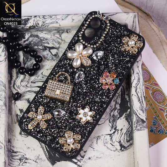 Samsung Galaxy A04 Cover - Black - New Bling Bling Sparkle 3D Flowers Shiny Glitter Texture Protective Case