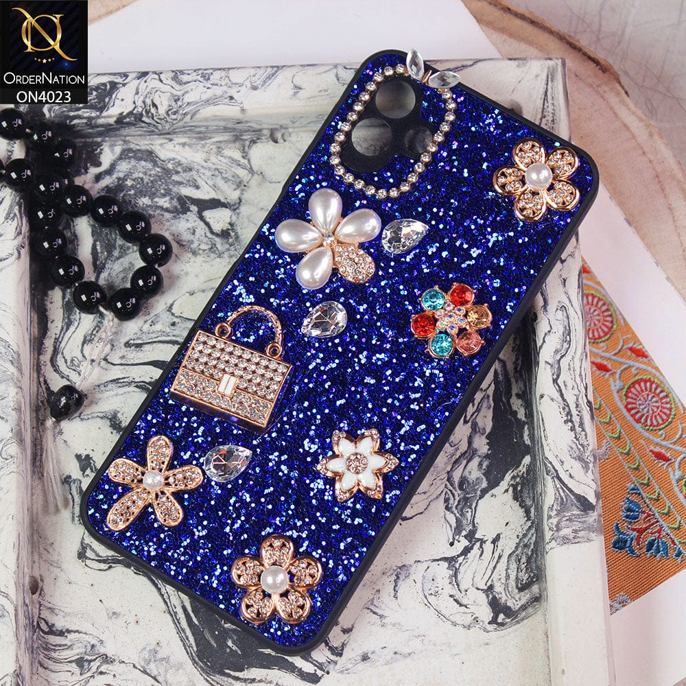 Samsung Galaxy M13 5G Cover - Blue - New Bling Bling Sparkle 3D Flowers Shiny Glitter Texture Protective Case