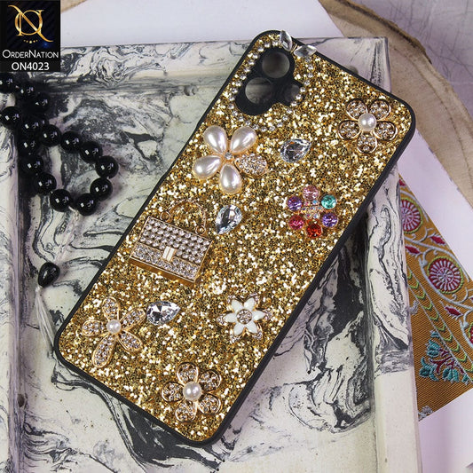 Samsung Galaxy A04 Cover - Golden - New Bling Bling Sparkle 3D Flowers Shiny Glitter Texture Protective Case