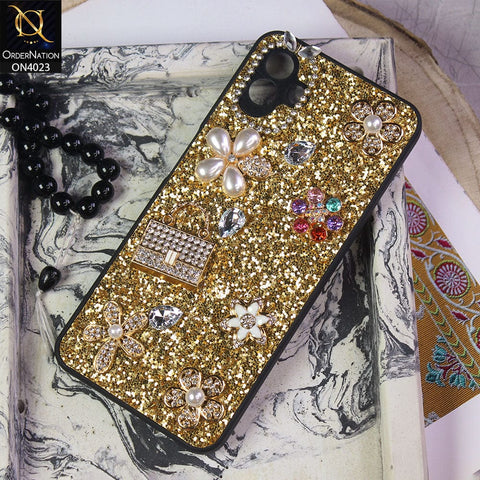 Samsung Galaxy M13 5G Cover - Golden - New Bling Bling Sparkle 3D Flowers Shiny Glitter Texture Protective Case