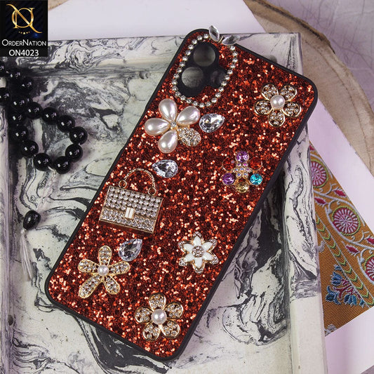 Samsung Galaxy A04 Cover - Red - New Bling Bling Sparkle 3D Flowers Shiny Glitter Texture Protective Case