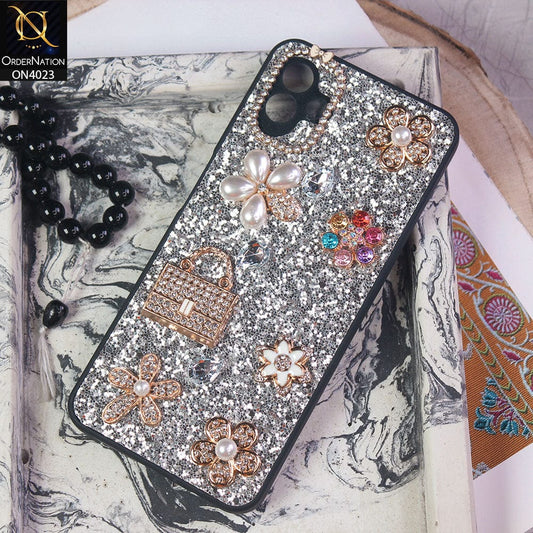 Samsung Galaxy A04 Cover - Silver - New Bling Bling Sparkle 3D Flowers Shiny Glitter Texture Protective Case