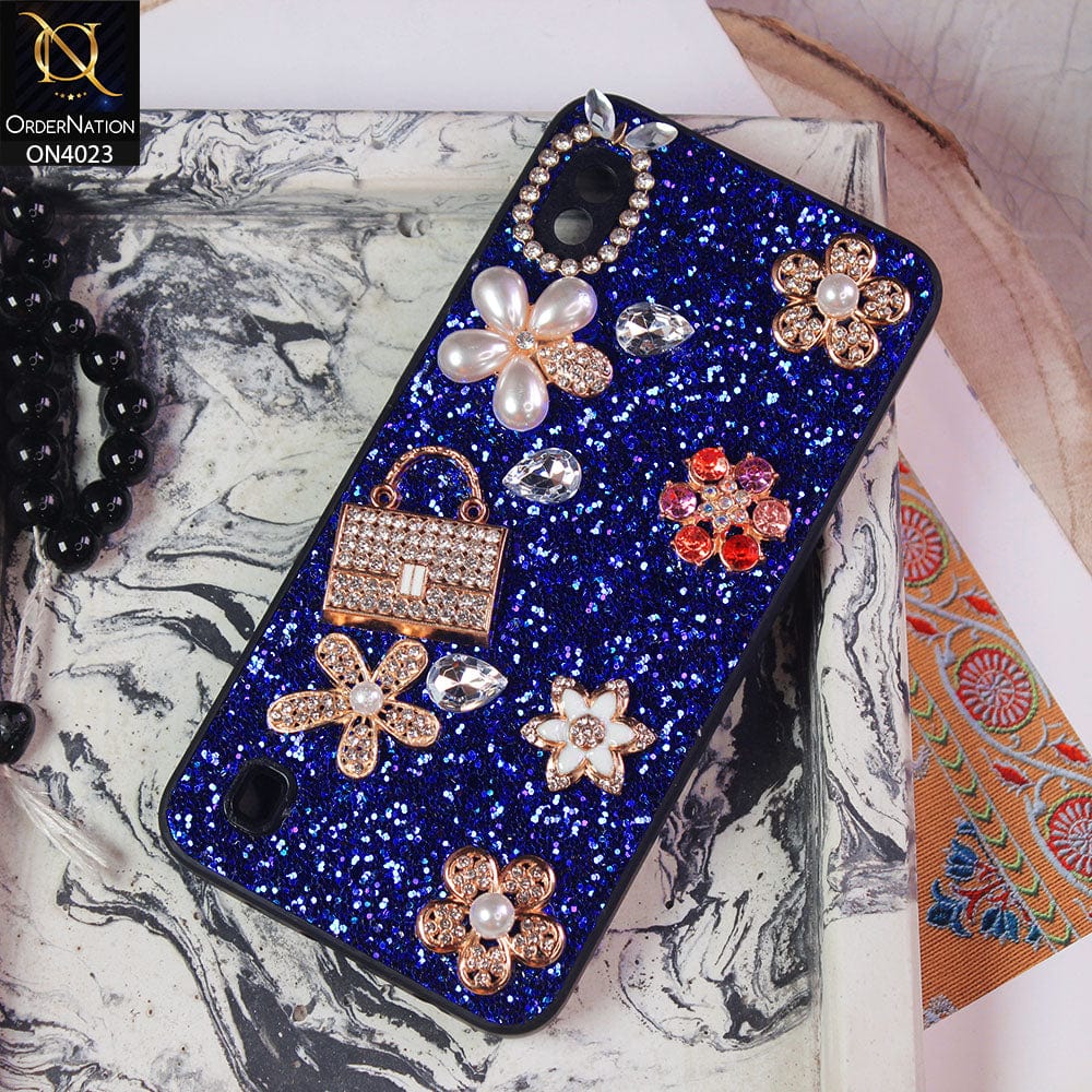 Samsung Galaxy A10 Cover - Blue - New Bling Bling Sparkle 3D Flowers Shiny Glitter Texture Protective Case